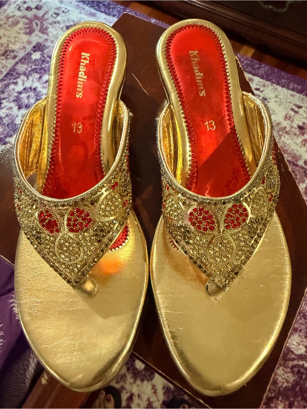 Gold Embellished Women's Thong Sandals - Gold/Red